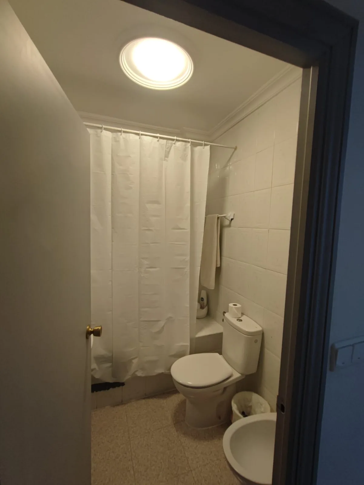 Baño con ducha y cortina blanca