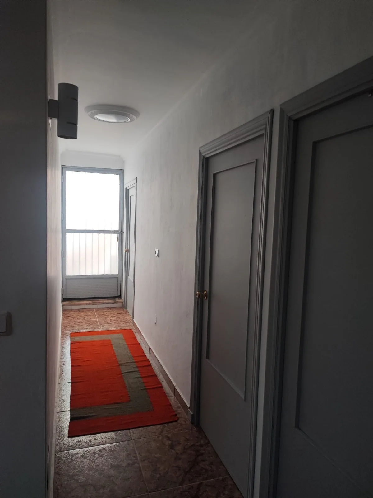 Pasillo interior con alfombra y salida a patio